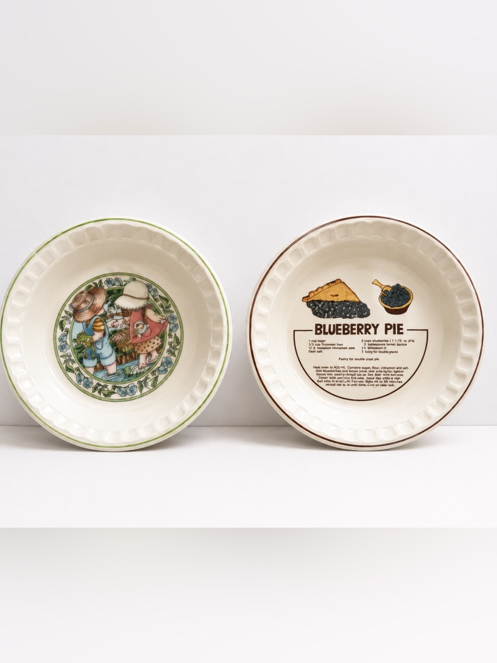 Set of 2 Vintage Ceramic Recipe Plates Blueberry Pie & Country Kids Strawberry